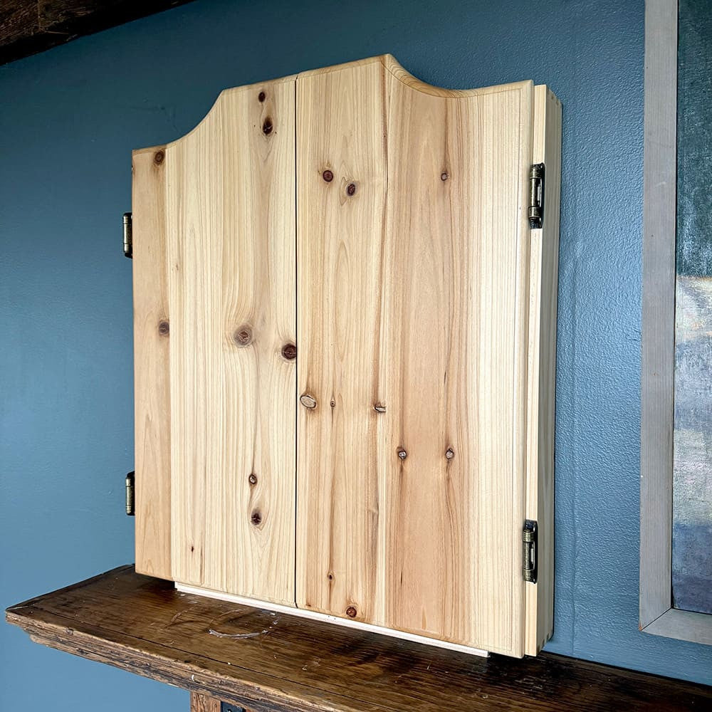 Old-Fashioned Dartboard Set in a Pine Cabinet