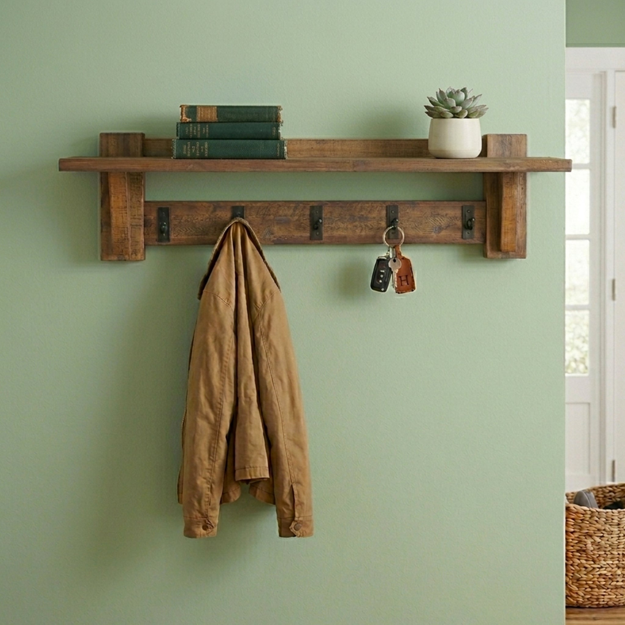 Industrial Style Entryway Shelf with Hooks
